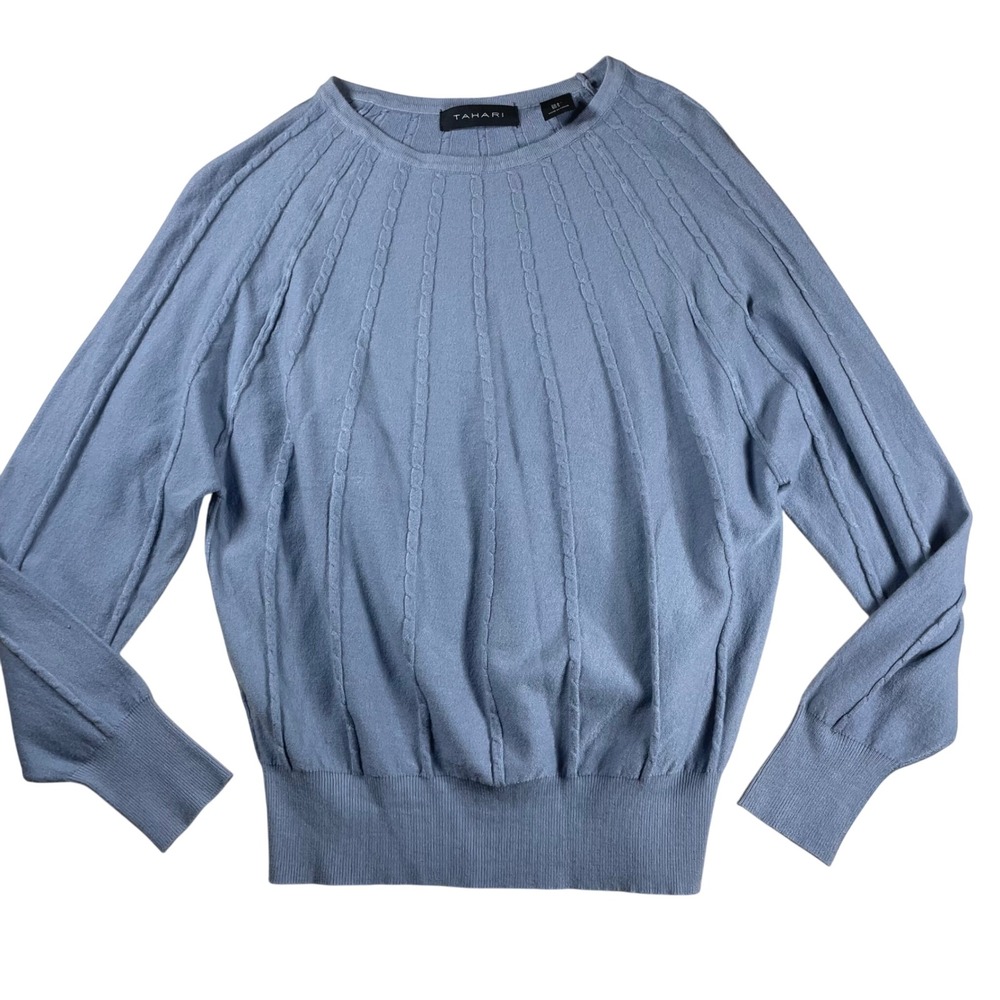 Tahari Light Blue Cable-Detail Crewneck Sweater